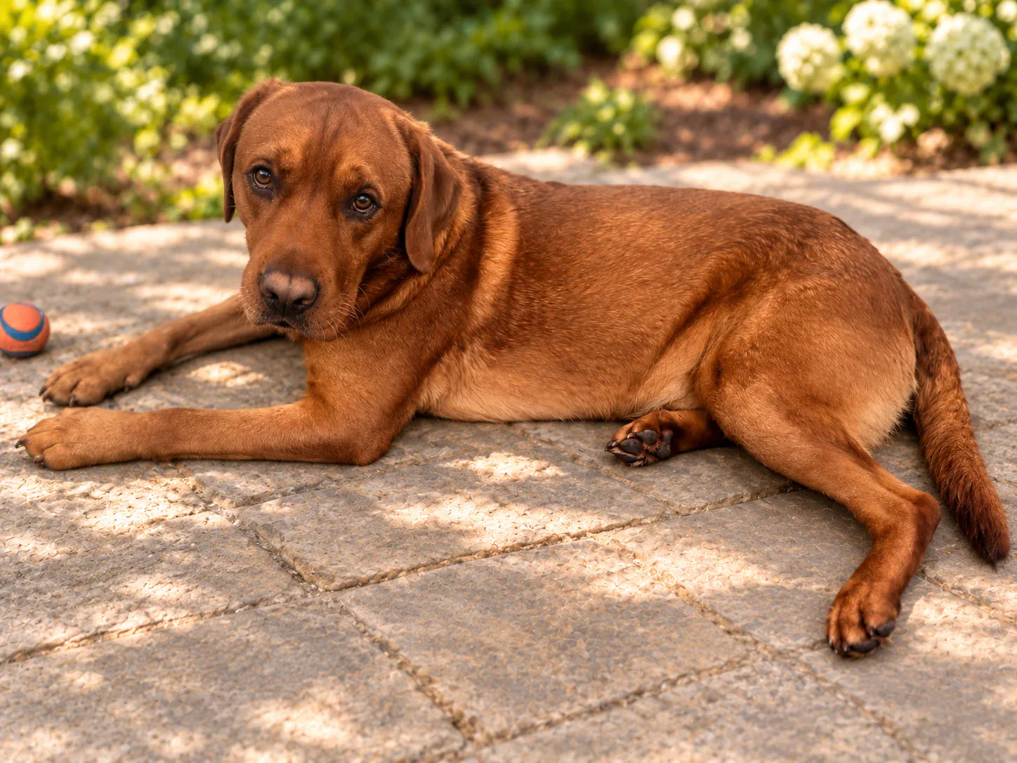 Chief Elliot, Fox Red Labrador Retriever Deckrüde aus Showlinie, im Garten