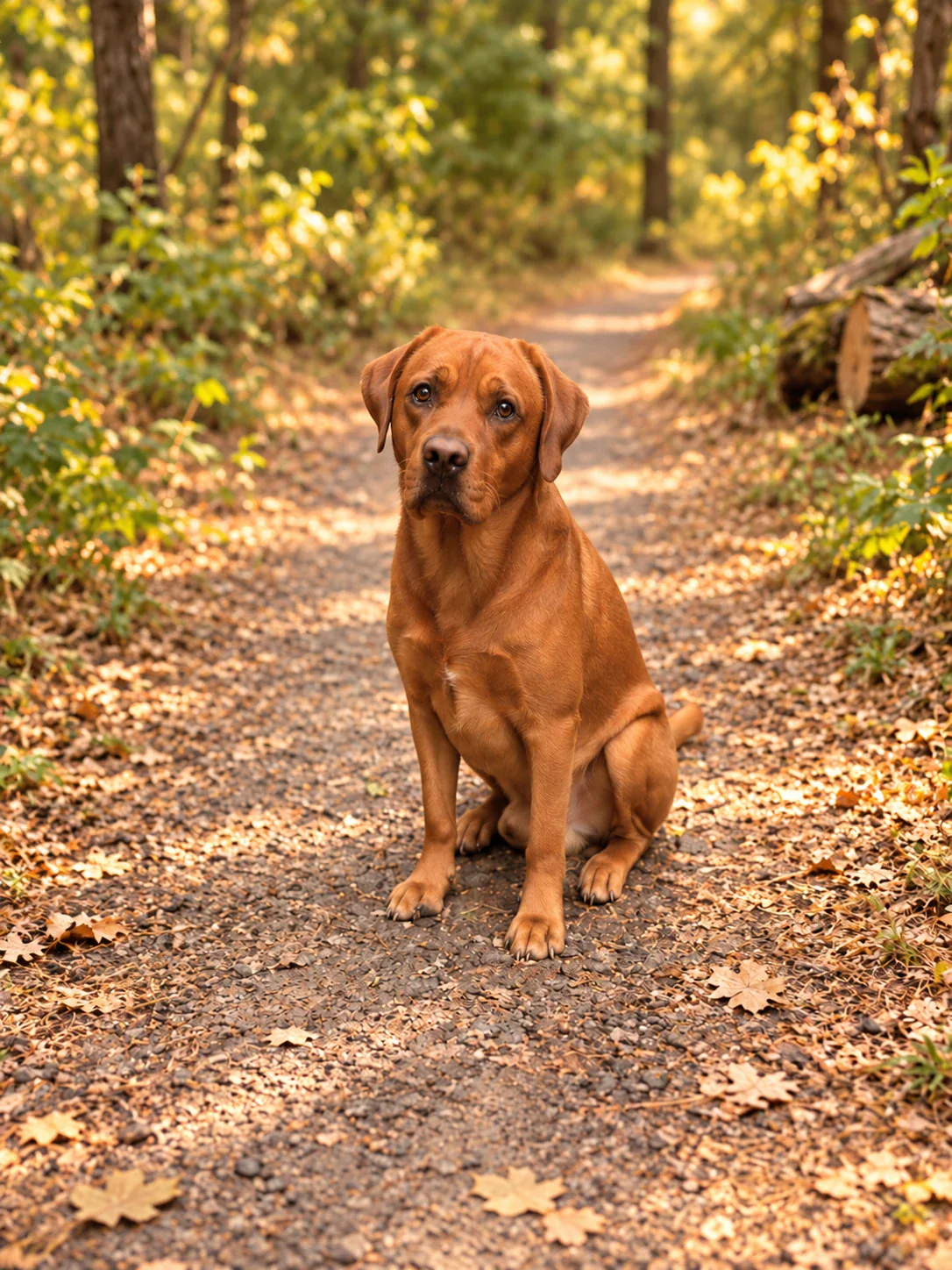 Chief Elliot, Fox Red Labrador Retriever, vollständig auf einem herbstlichen Waldweg