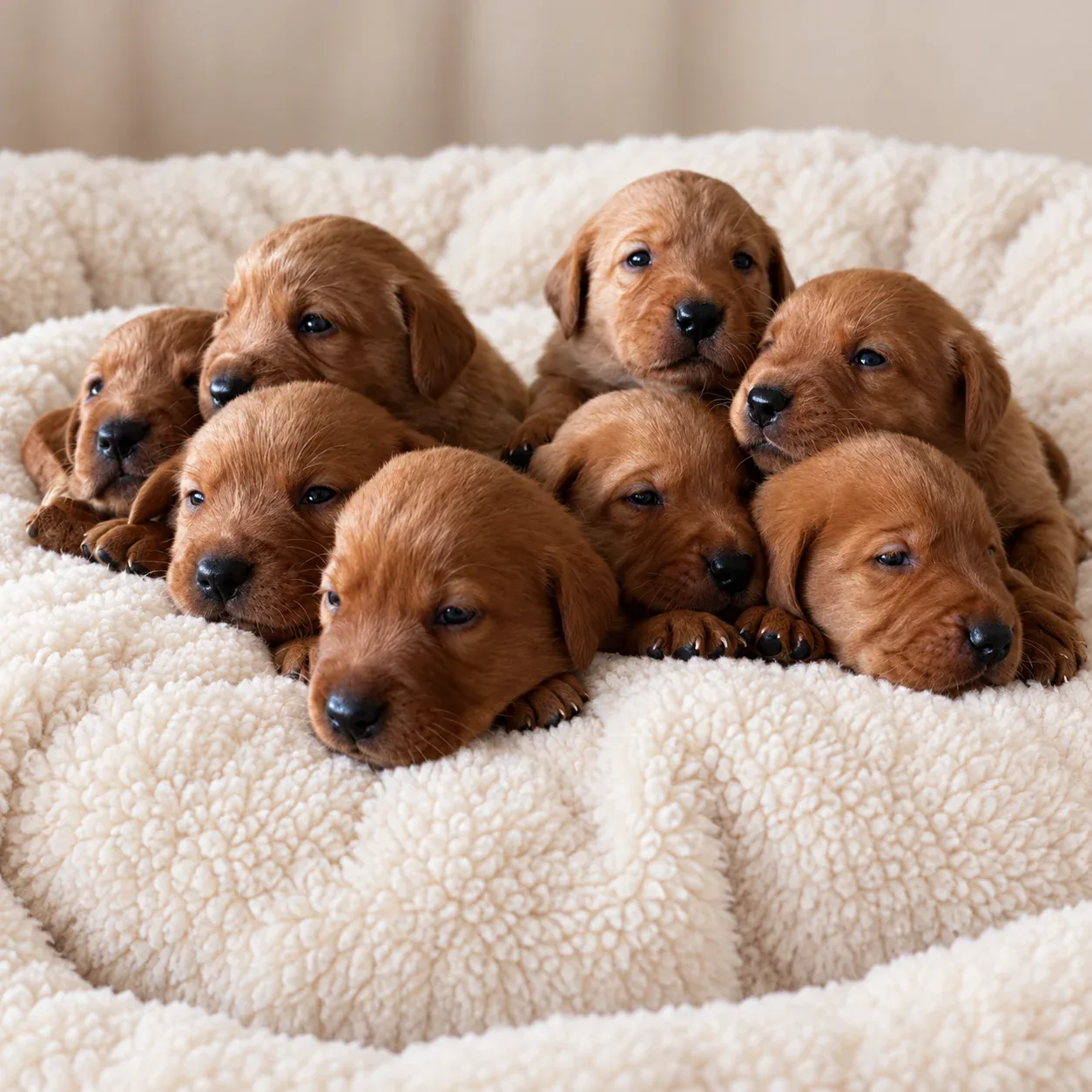Mehrere Fox Red Labrador Welpen aus Chief Elliots Nachzucht gemeinsam im Nest